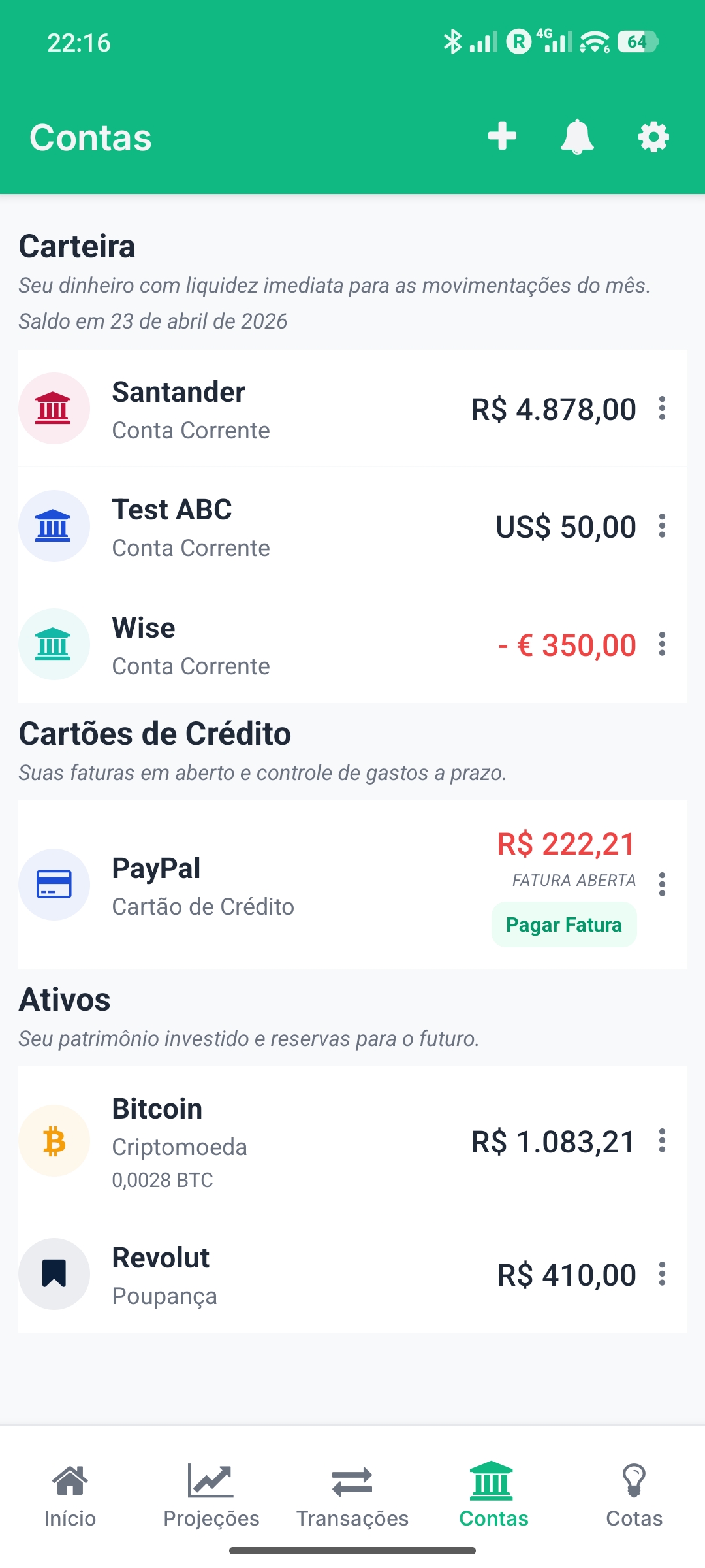 Tela com contas e ativos no aplicativo My Smart Finance