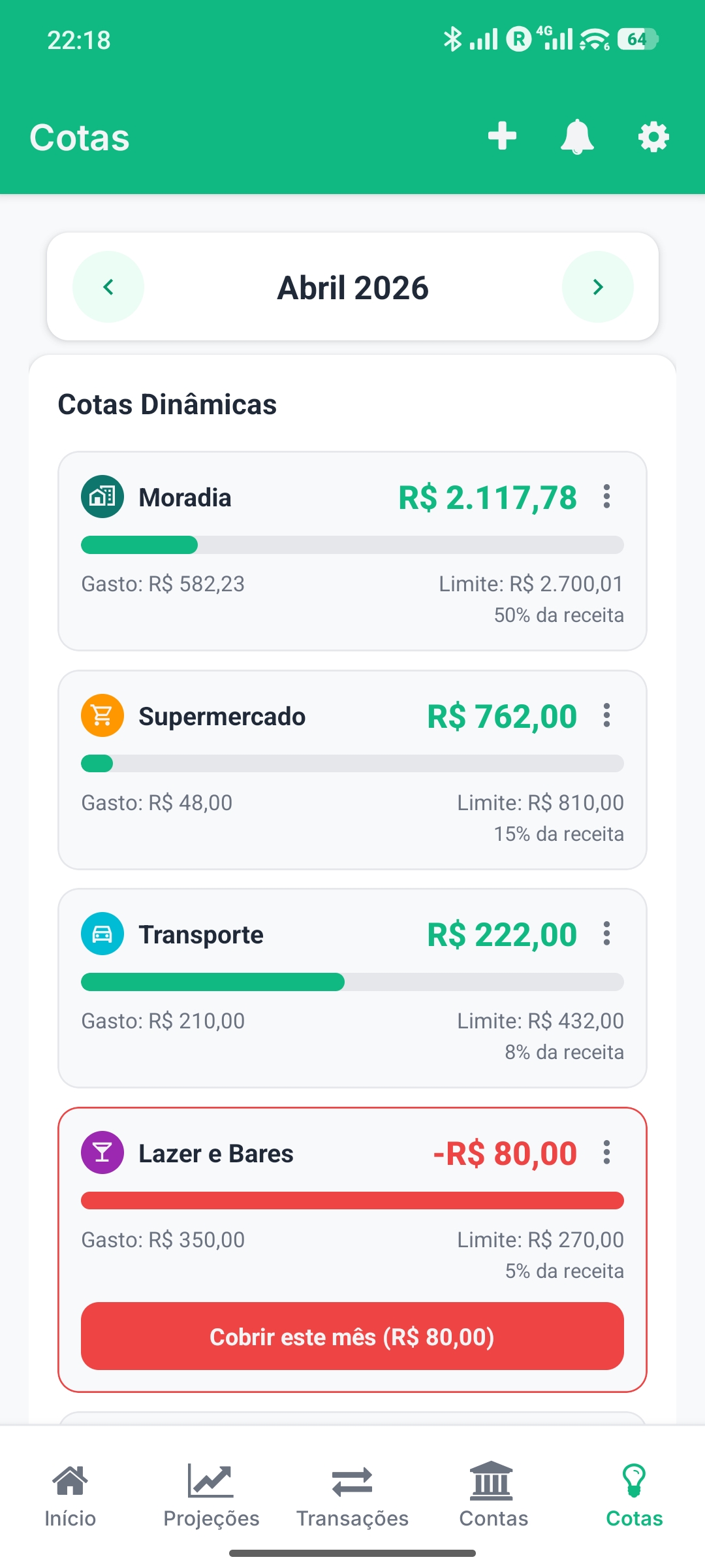 Tela de cotas dinâmicas no aplicativo