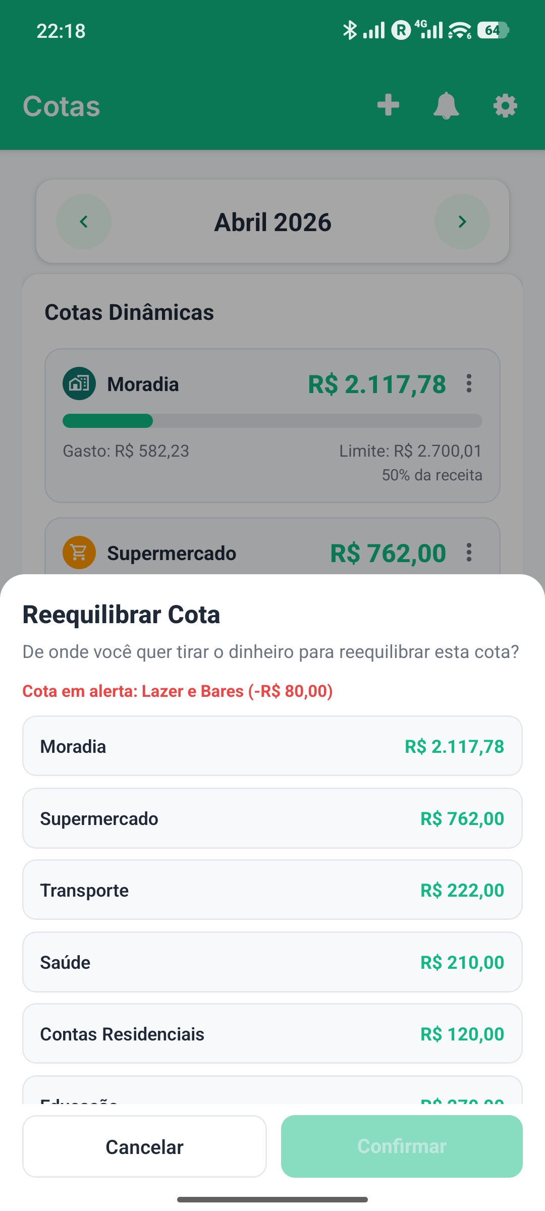 Tela de reequilíbrio de cotas no aplicativo
